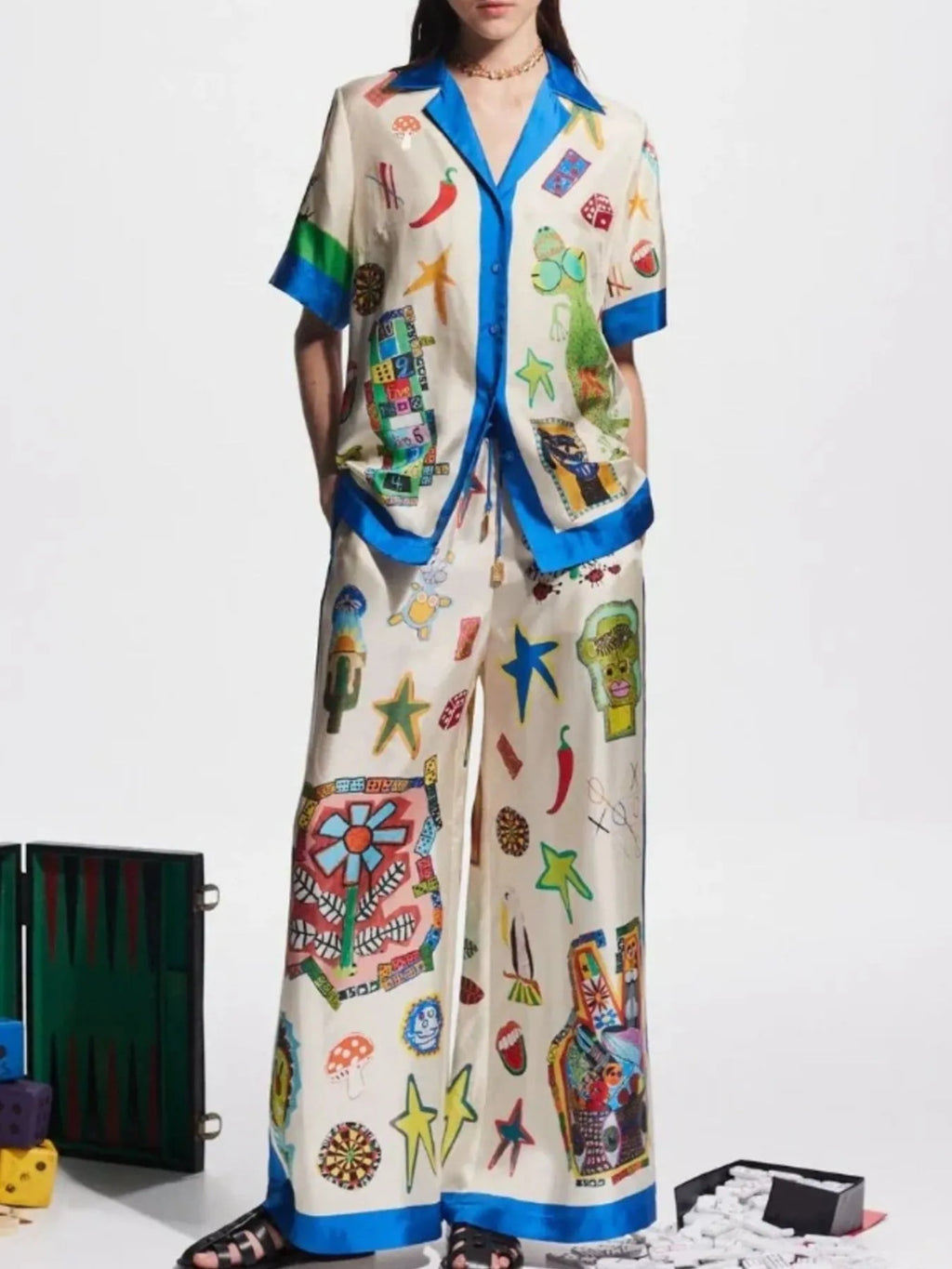 Printed Button Up Shirt and Pants Set