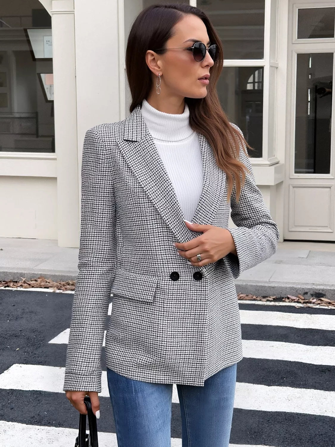 Houndstooth Patterned Double-Breasted Blazer