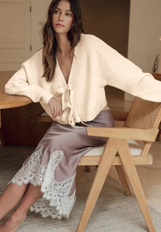 Bowknot Front V Neck Long Sleeve Sweater
