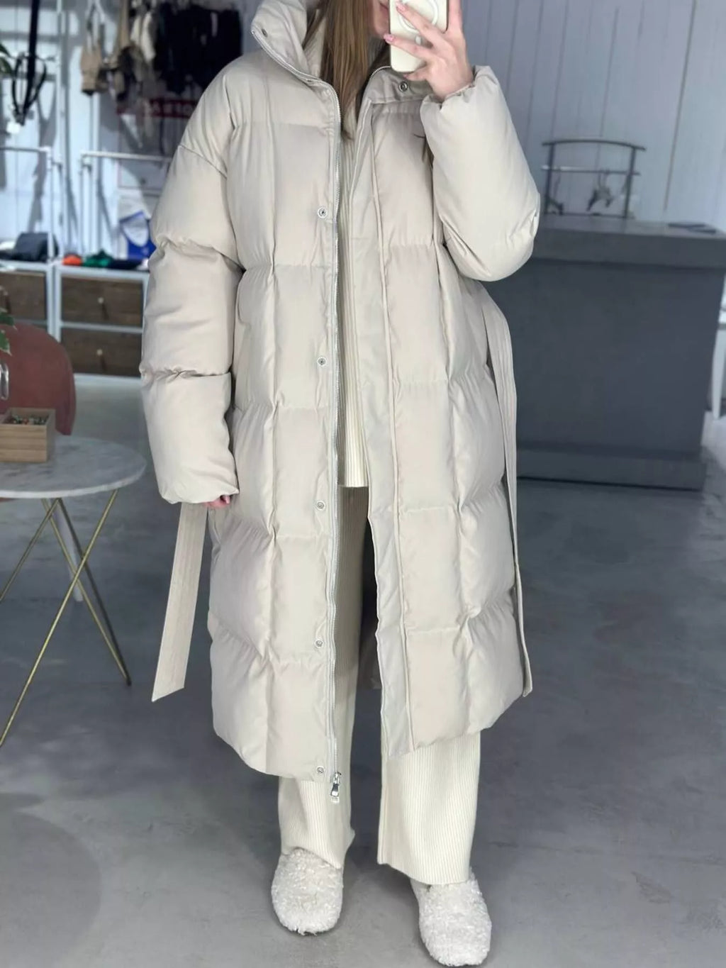Longline Padded Winter Coat with Belted