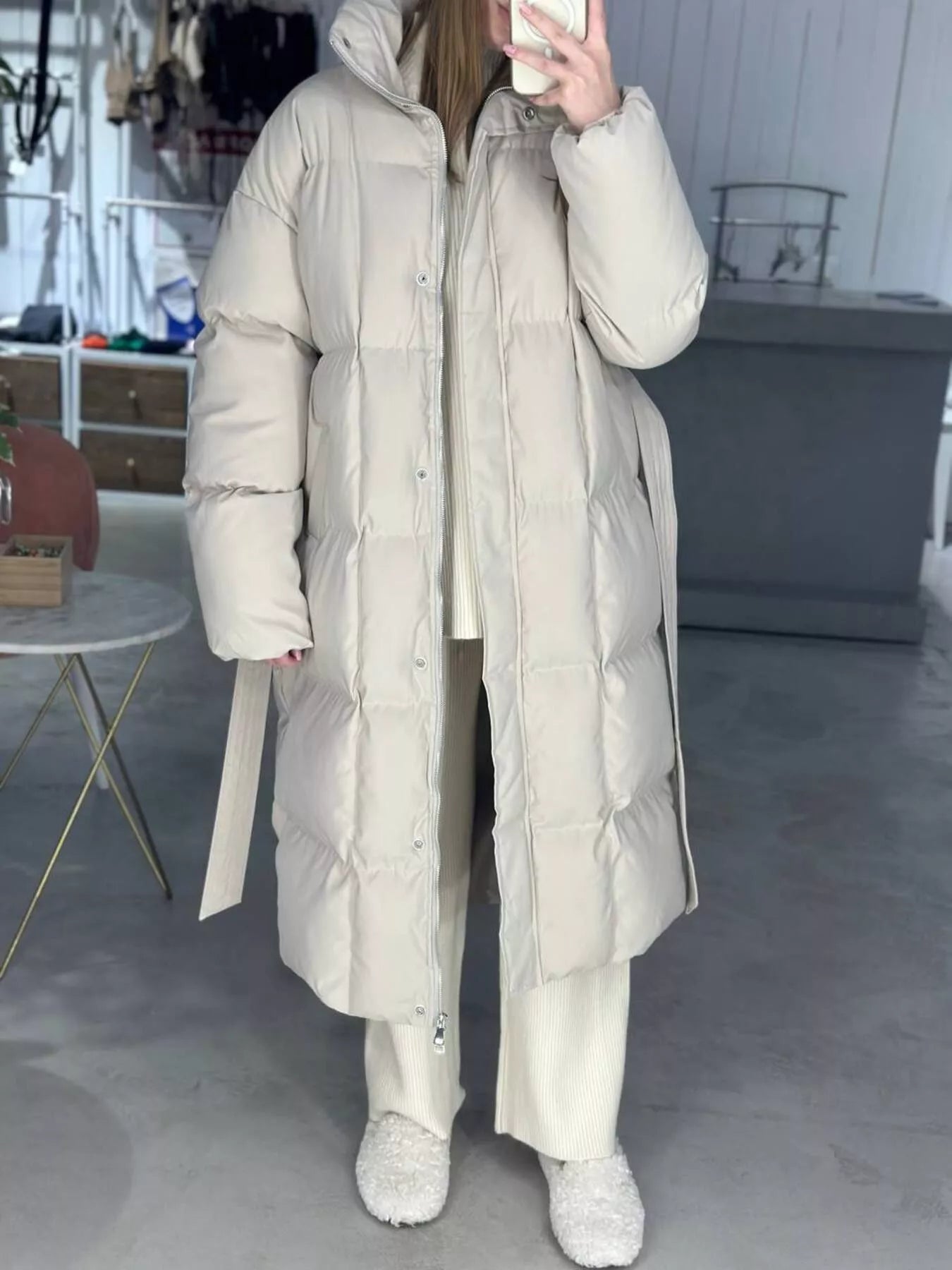 Longline Padded Winter Coat with Belted