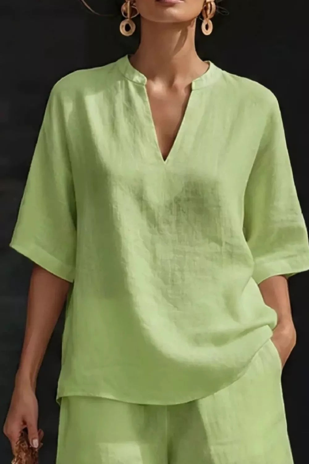 Notched Half Sleeve Top and Shorts Set