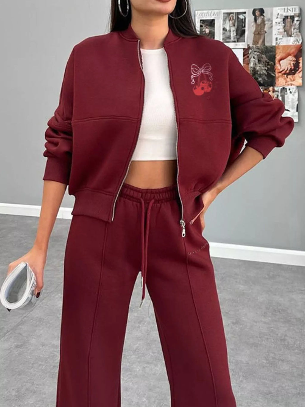Zip Up Dropped Shoulder Outerwear and Pants Set
