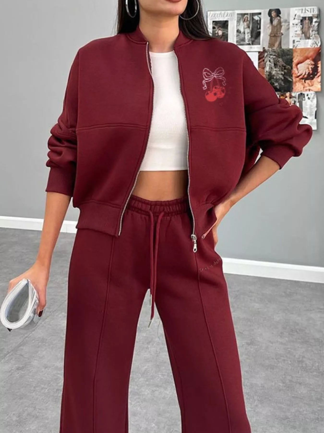 Zip Up Dropped Shoulder Outerwear and Pants Set
