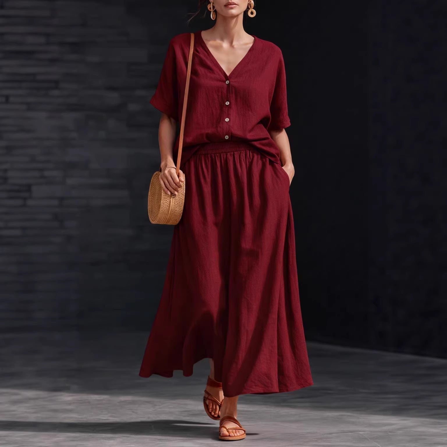 Women's Cotton-Linen V-Neck Button-Up Top & Long Skirt Set