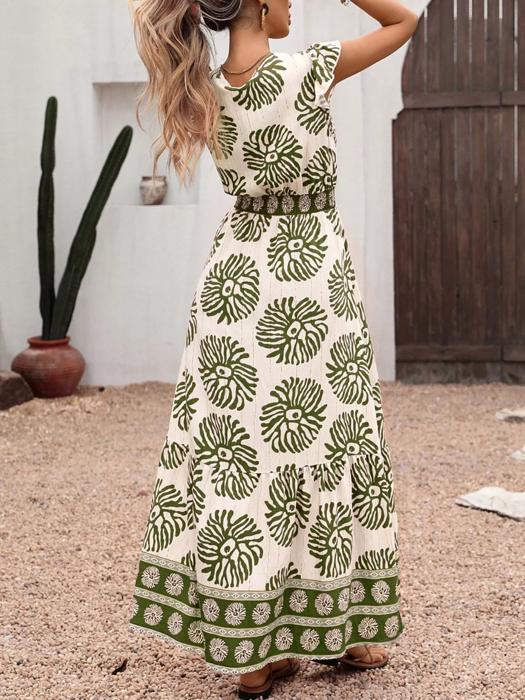 Printed V-Neck Cap Sleeve Maxi Dress