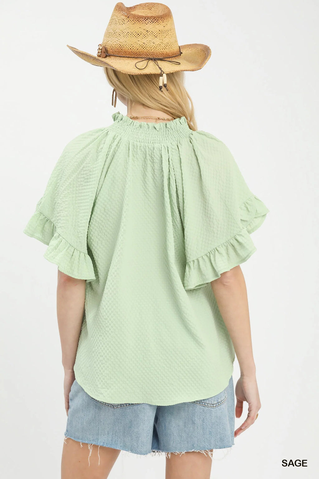 Umgee Textured Ruffle Sleeve Blouse