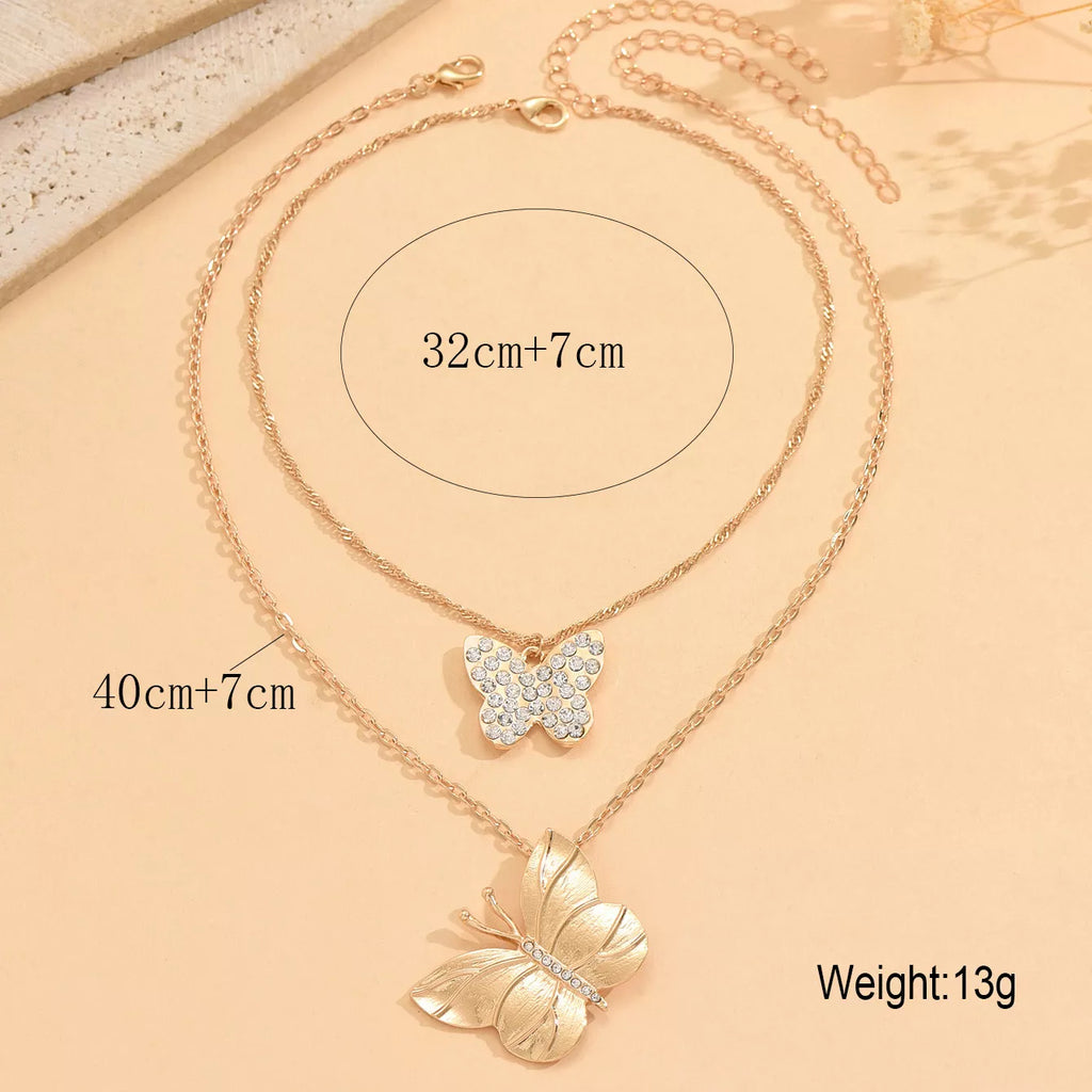 2 Piece 18K Gold-Plated Rhinestone Butterfly Necklace