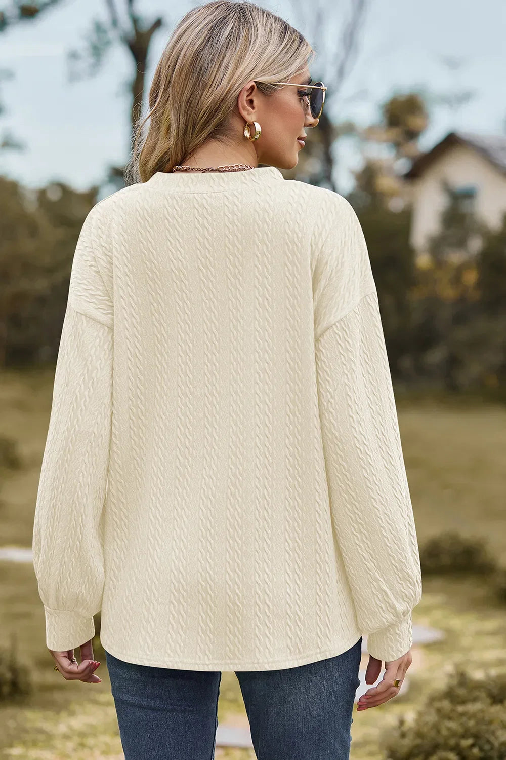 Textured V-Neck Dropped Shoulder T-Shirt