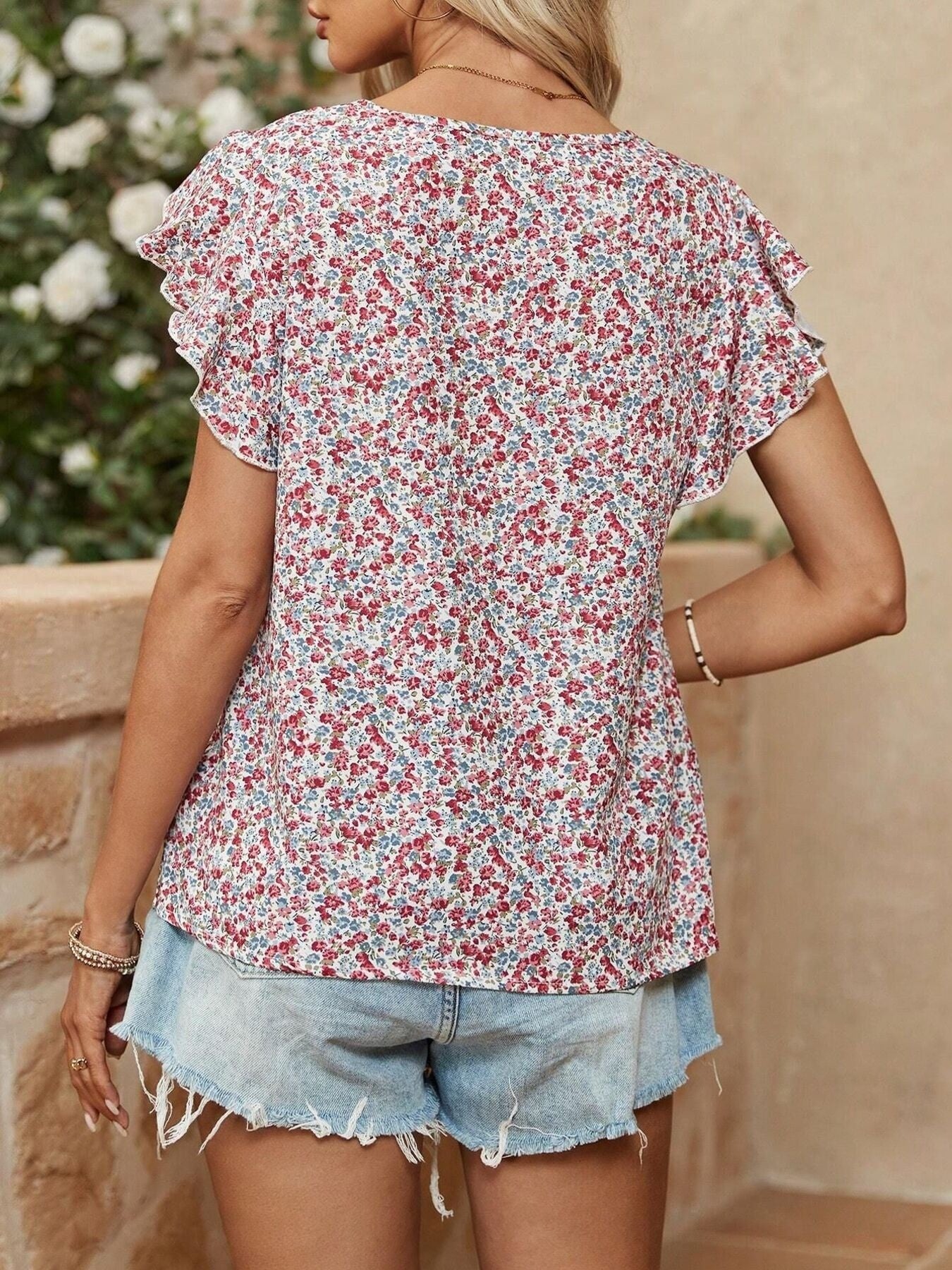 Floral Print Ruffle Sleeve Blouse