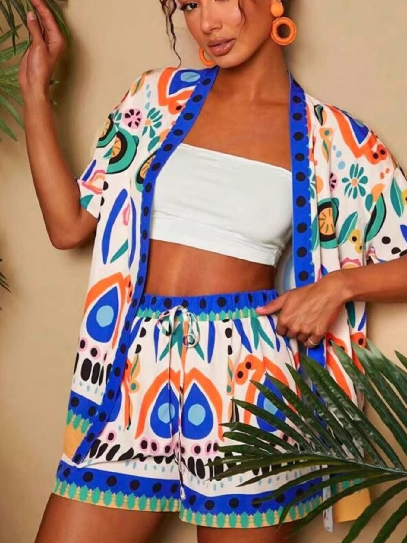 Printed Open Front Cardigan and Shorts Set