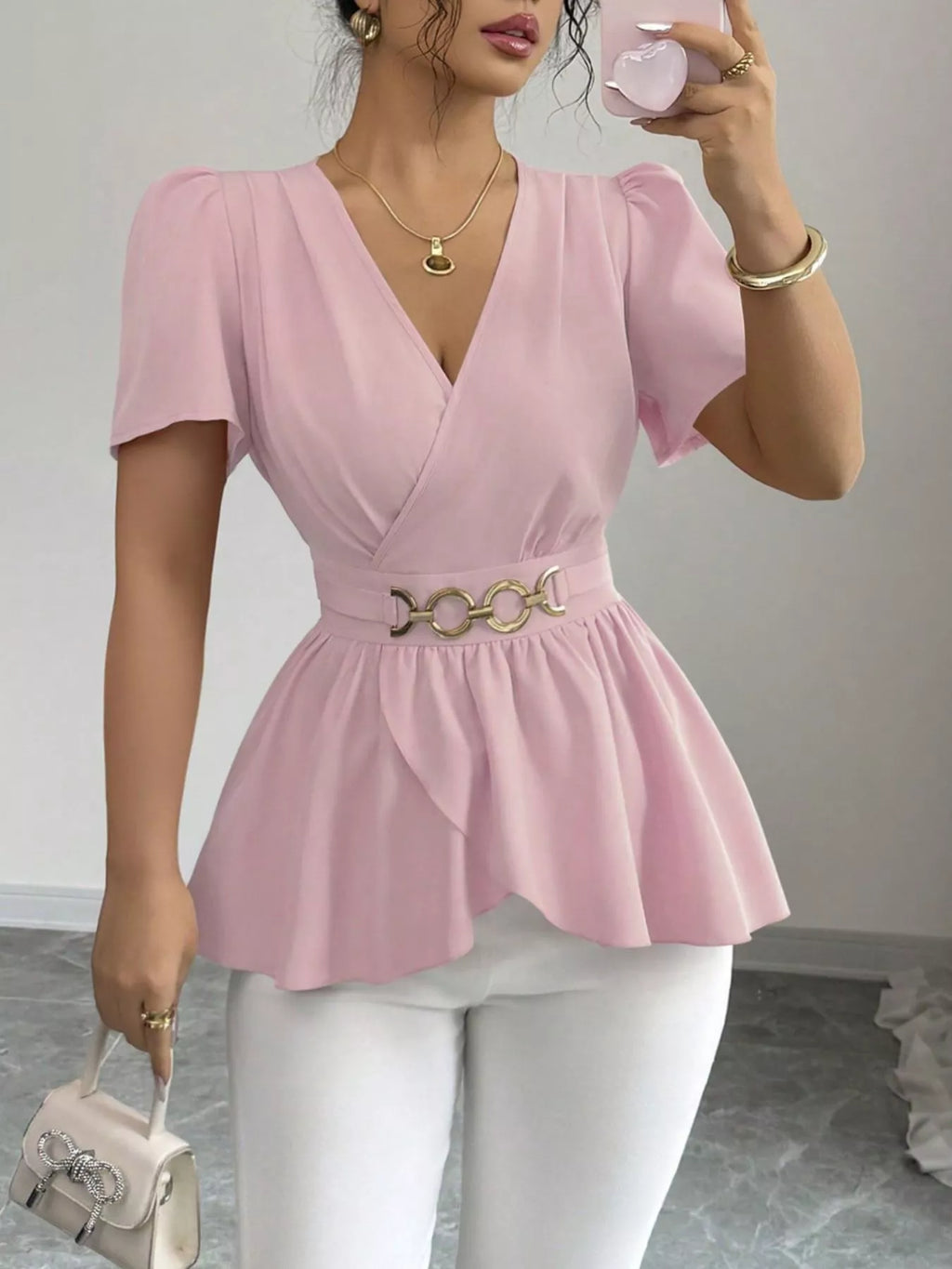 Surplice Short Sleeve Blouse