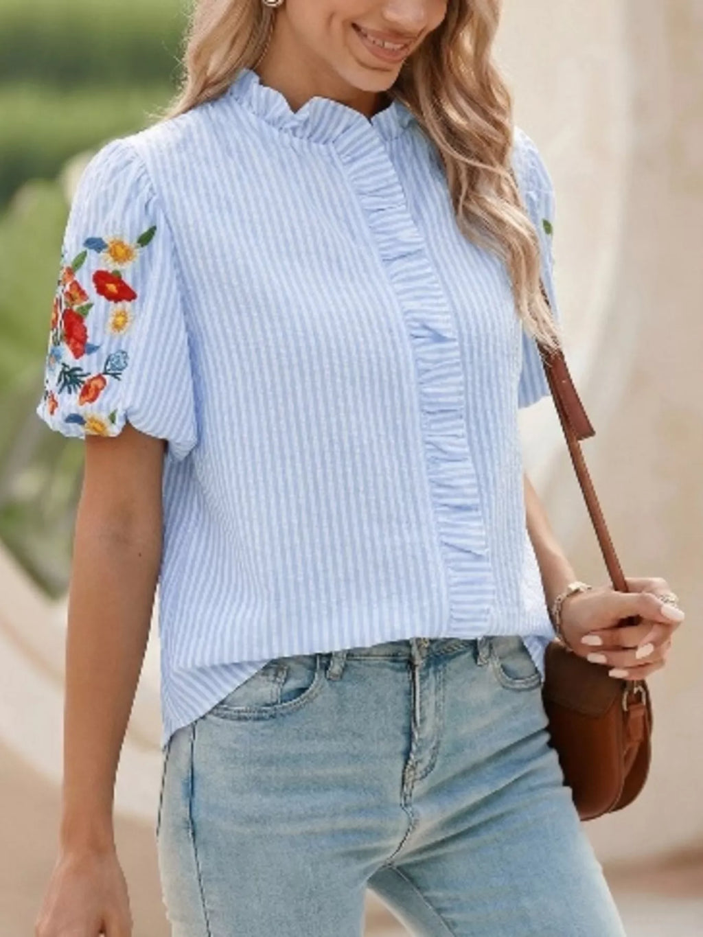 Stripe Floral Embroidered Puff Sleeve Ruffle Trim Shirt