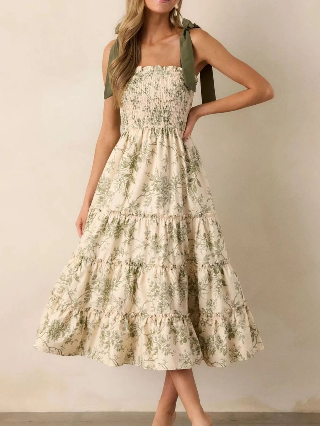 Floral Print Tiered Midi Dress with Tie Straps