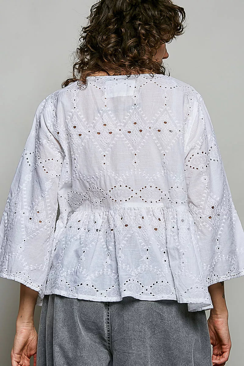 POL Eyelet Embroidery Peplum Button Front Cotton Shirt
