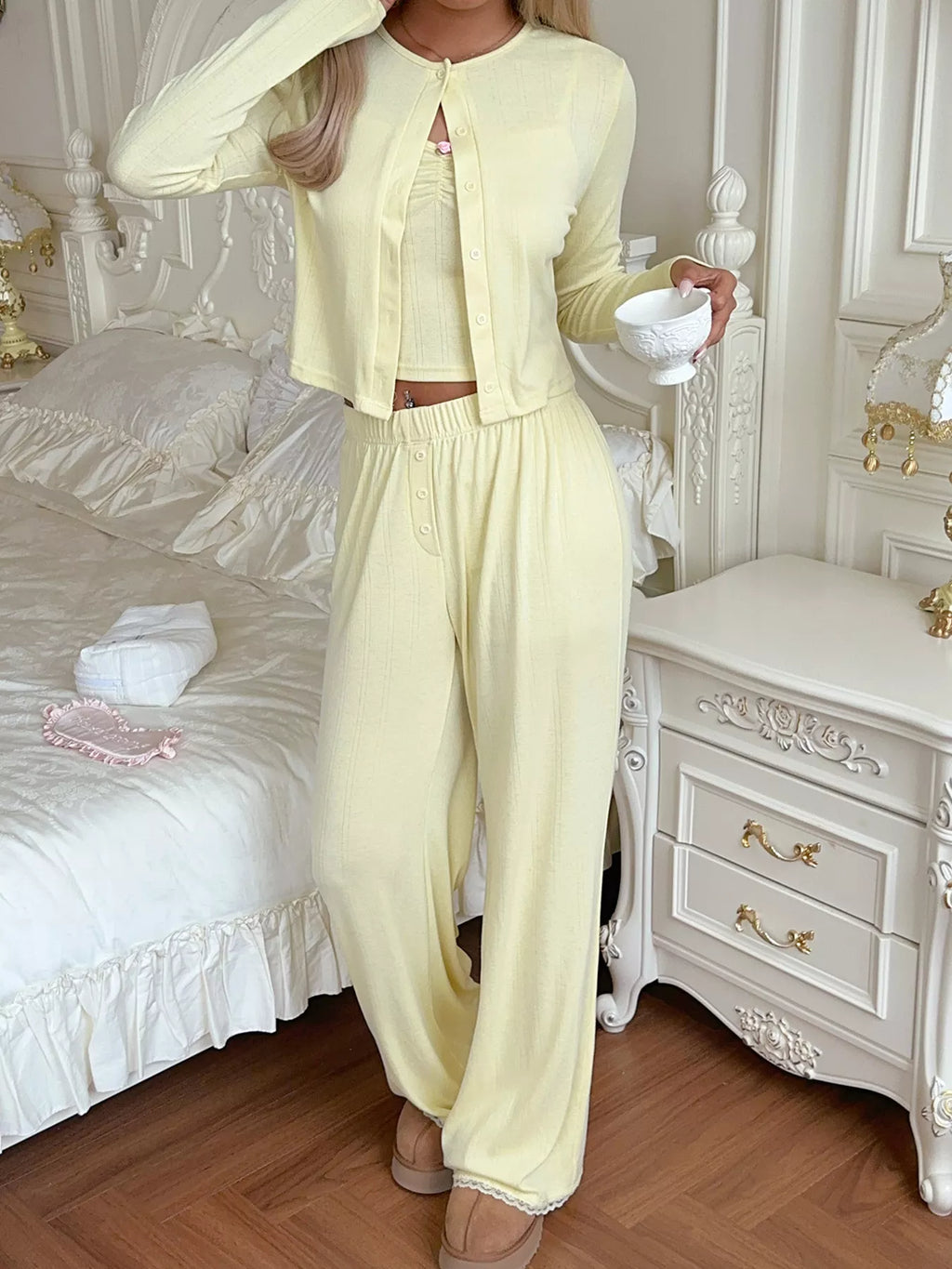 Cami & Long Sleeve Cardigan & Wide Leg Pants Set