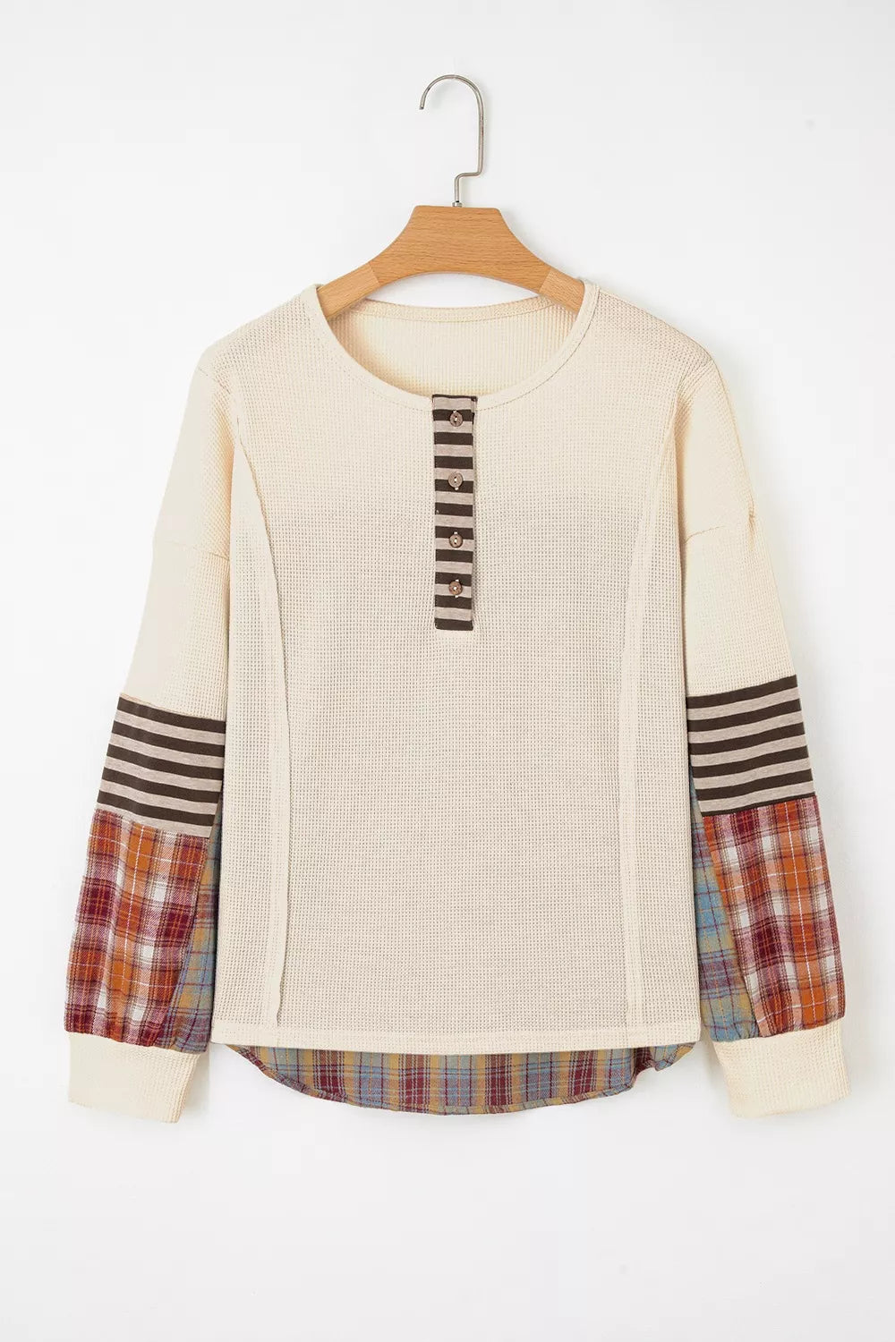 Waffle Knit Plaid Patchwork Long Sleeve Blouse