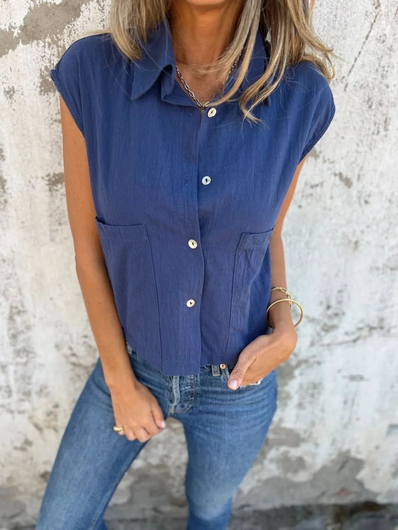 Full Size Textured Button-Front Sleeveless Shirt Plus Size