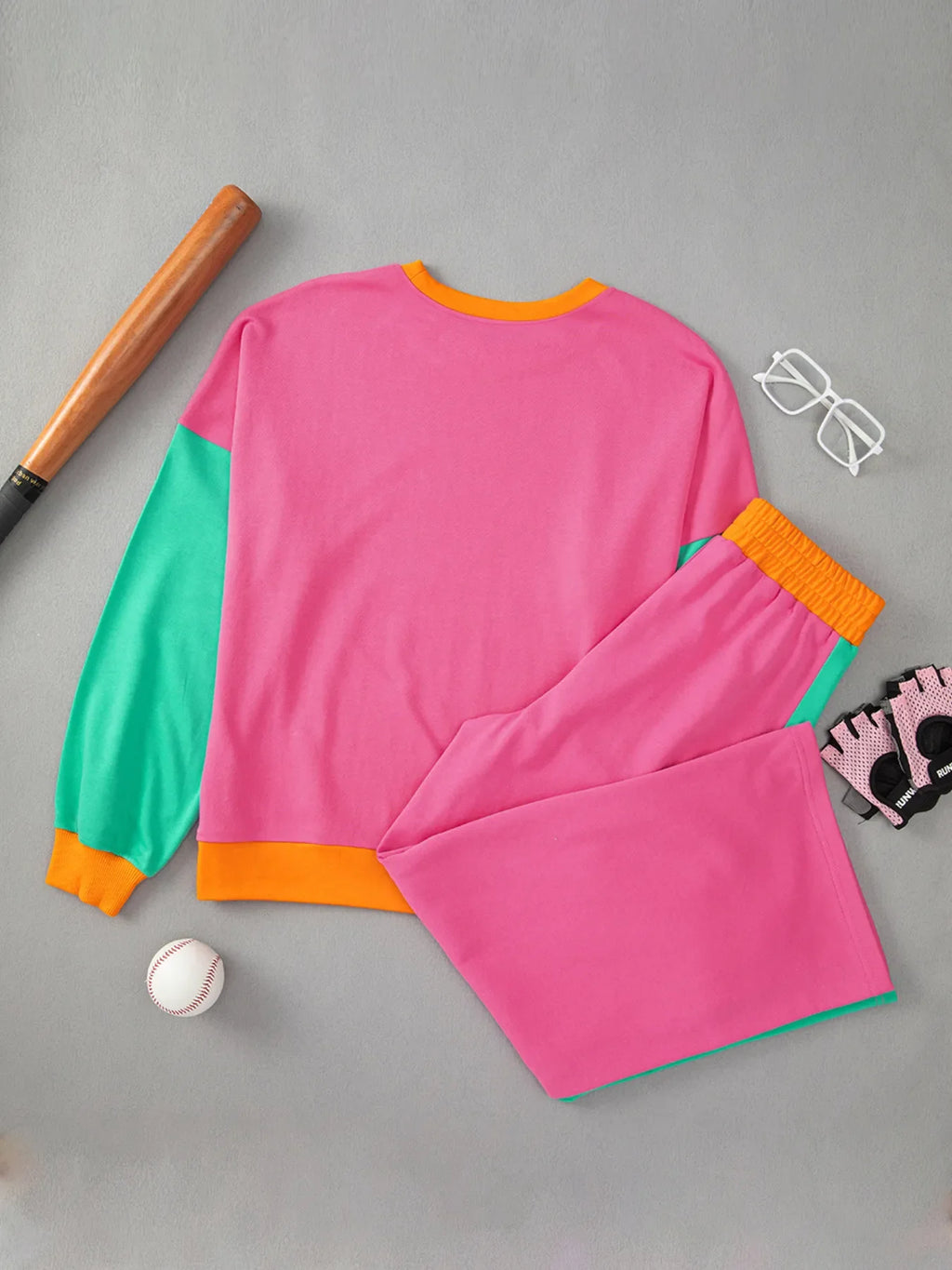 Color Block Round Neck Top and Pants Set