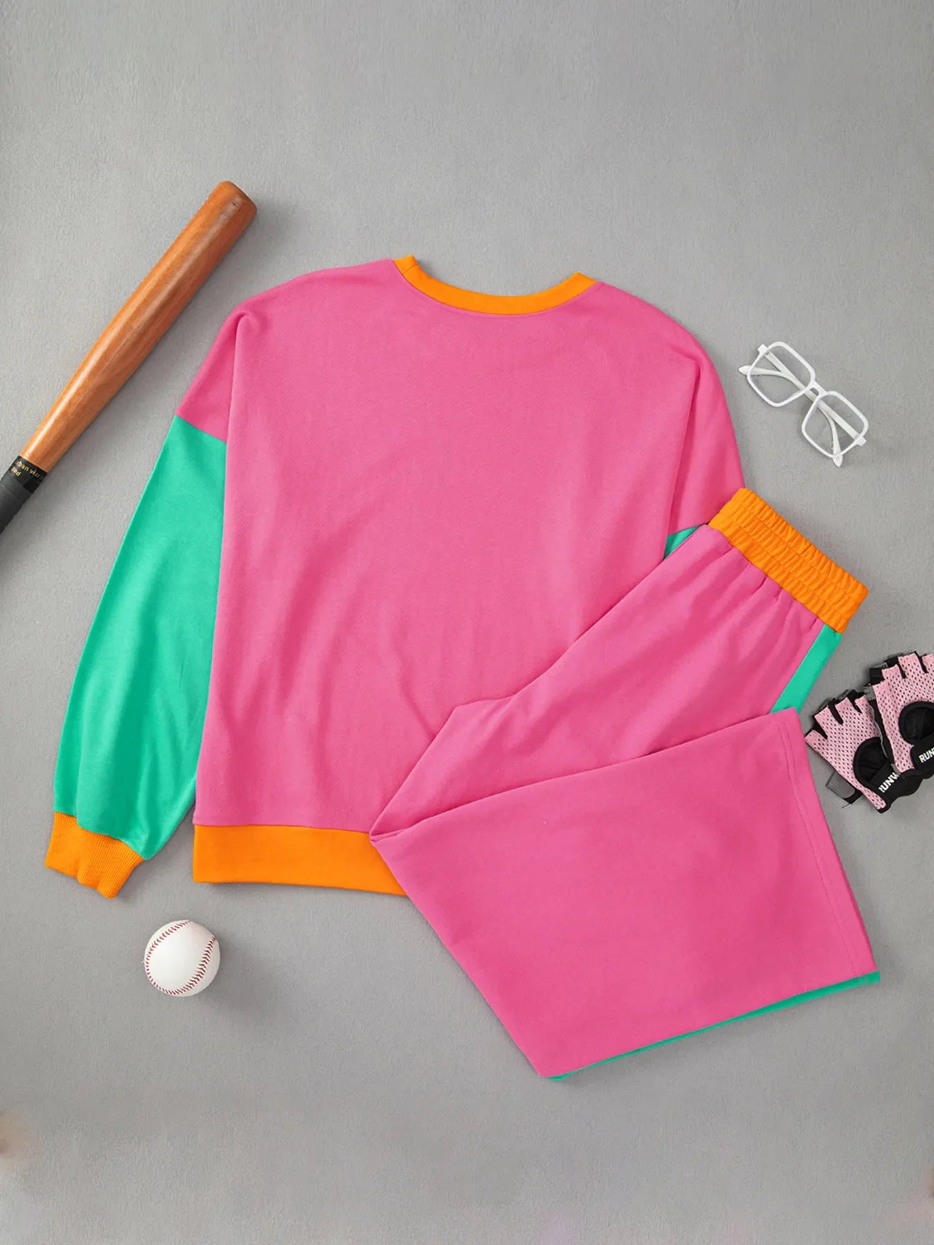 Color Block Round Neck Top and Pants Set