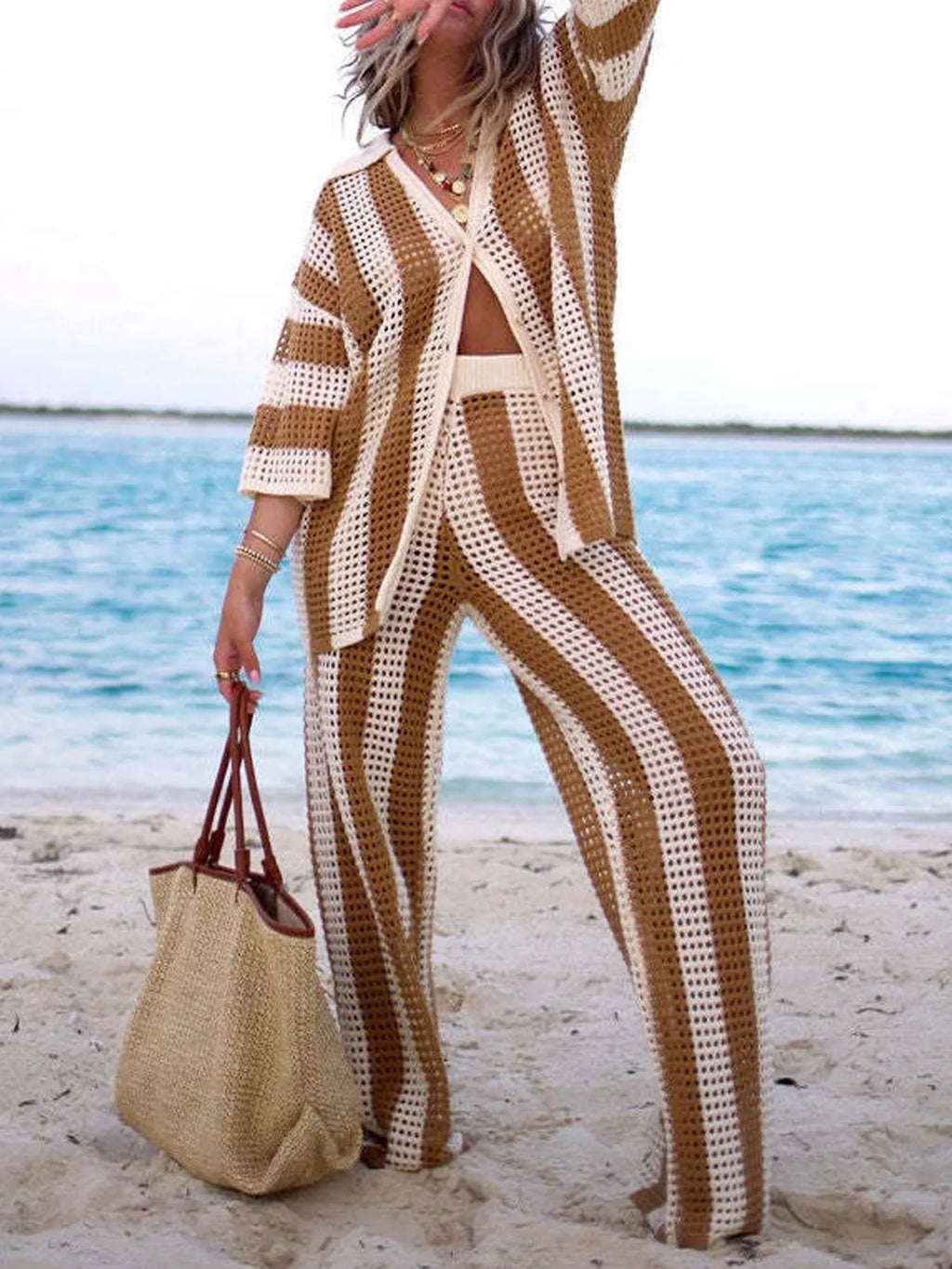 Striped Crochet Knit Shirt and Pants Set