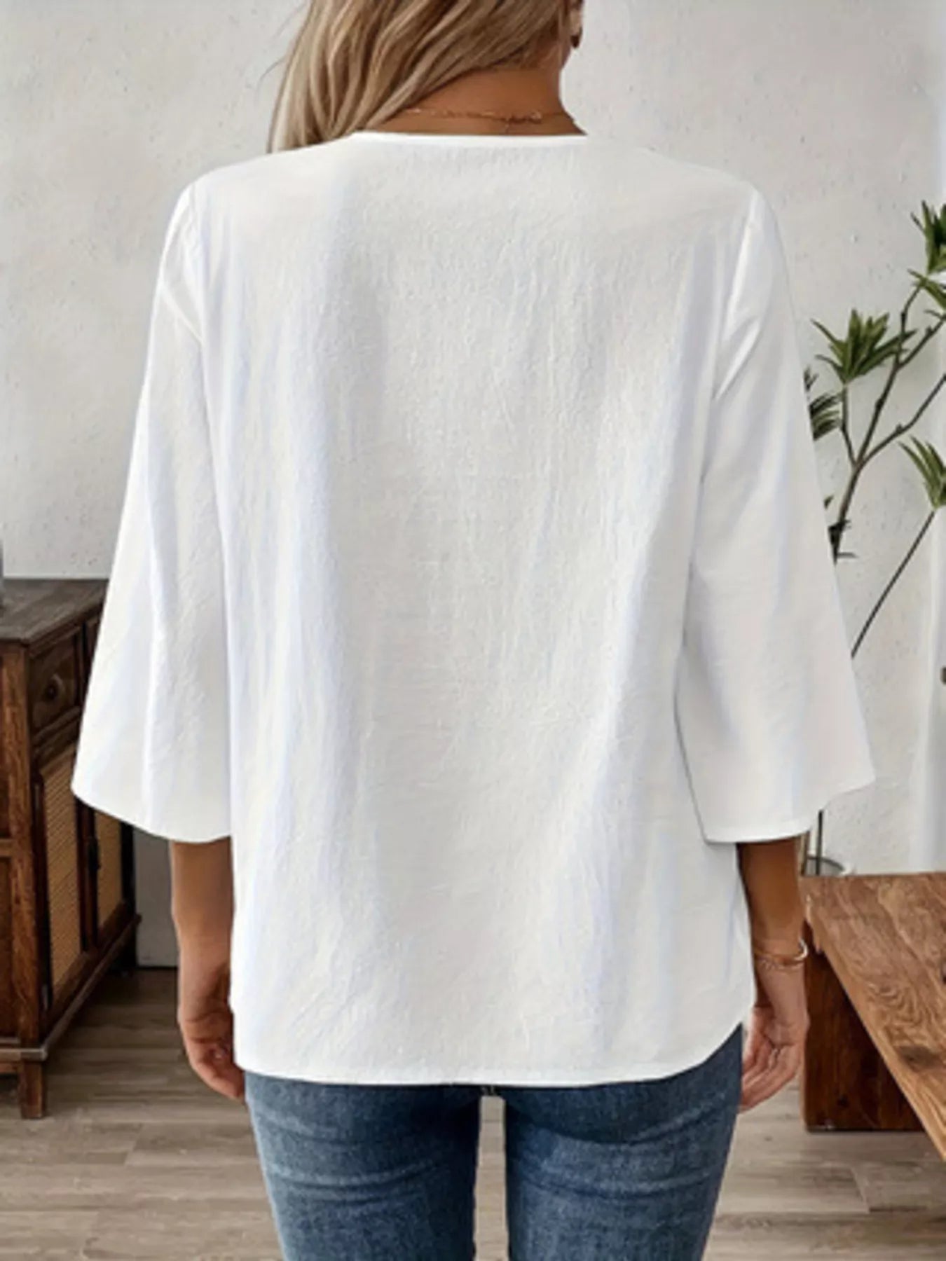 Lace Detail Notched 3/4 Sleeve Blouse