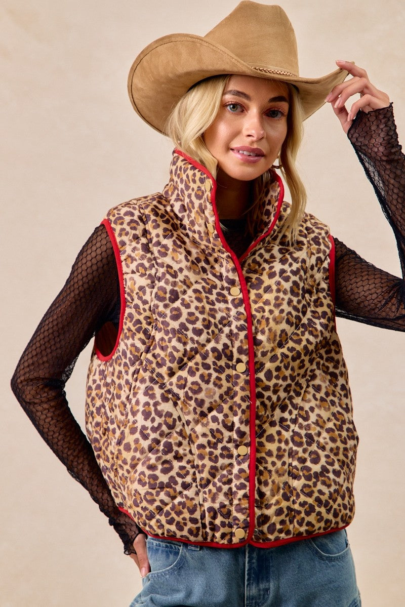 BiBi Leopard Print Piping Detail Quilted Vest