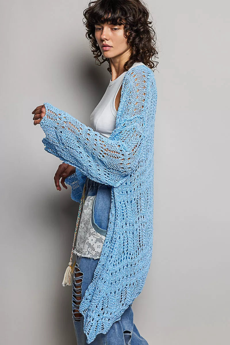 POL Openwork Lightweight Open Front Cardigan with Scalloped Edge