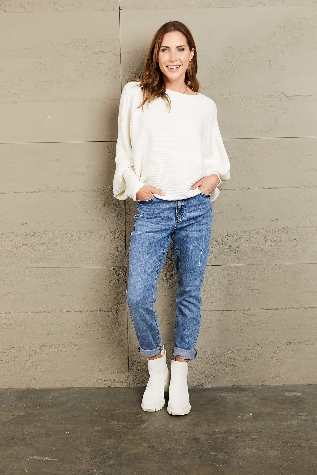 Horizontal Ribbing Dolman Sleeve Sweater