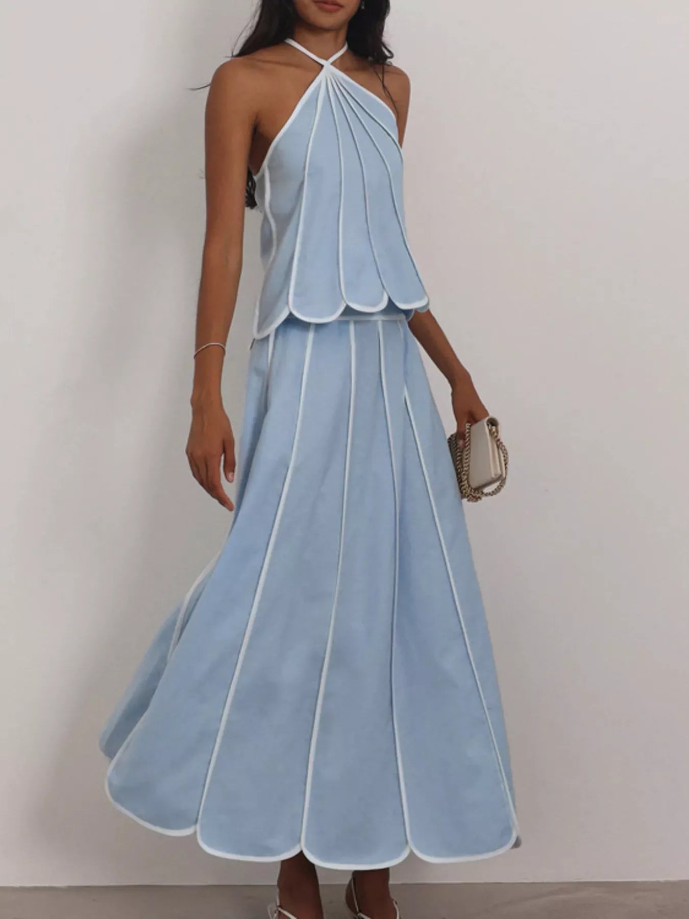 Halter Neck Scalloped Hem Top and Skirt Set