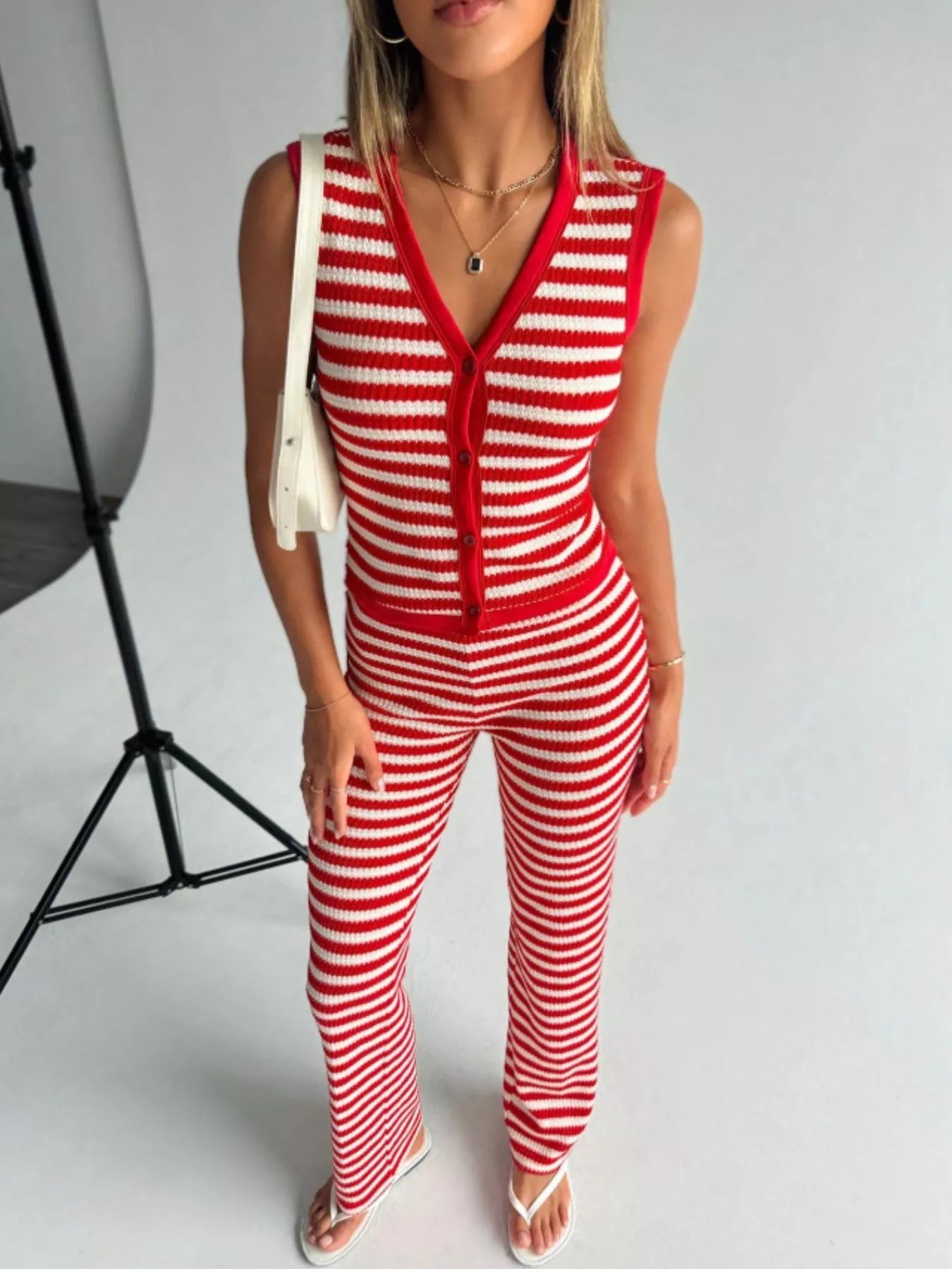 Striped Knit V-Neck Button-Up Sleeveless Top and Flare Pants Set