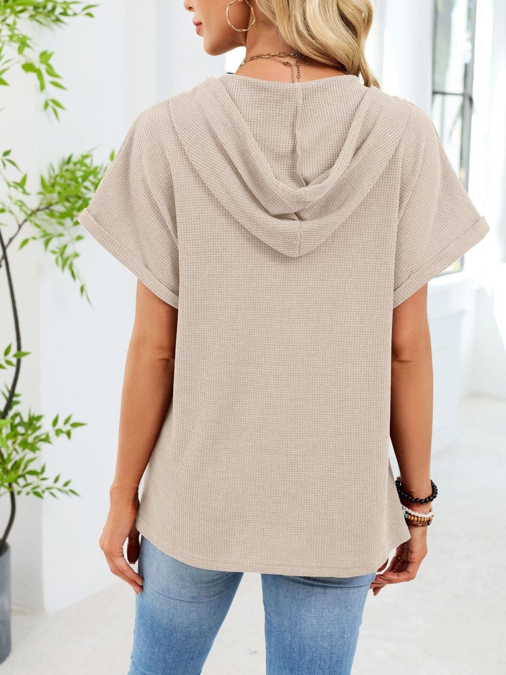 Casual Waffle Knit Button Detail Hooded Top