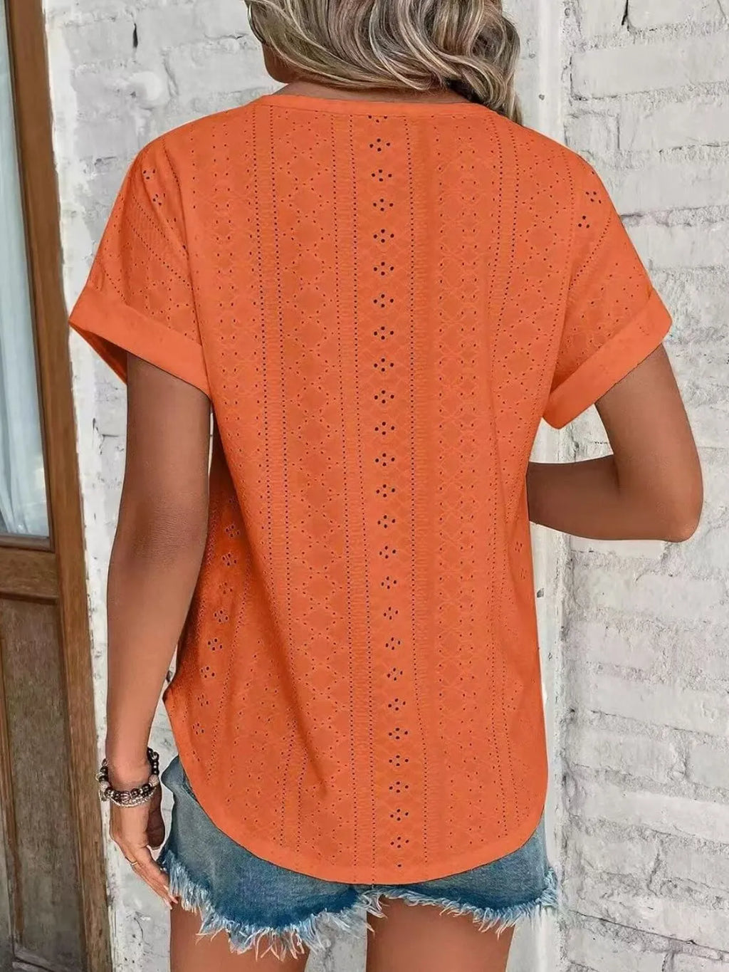Eyelet Round Neck Short Sleeve Top