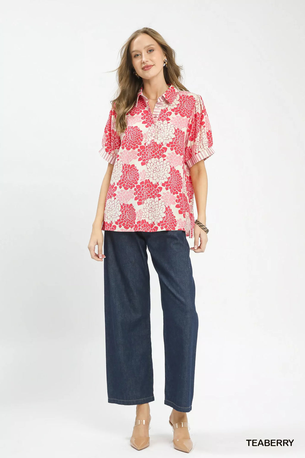 Umgee Floral Collared Short Sleeve Blouse