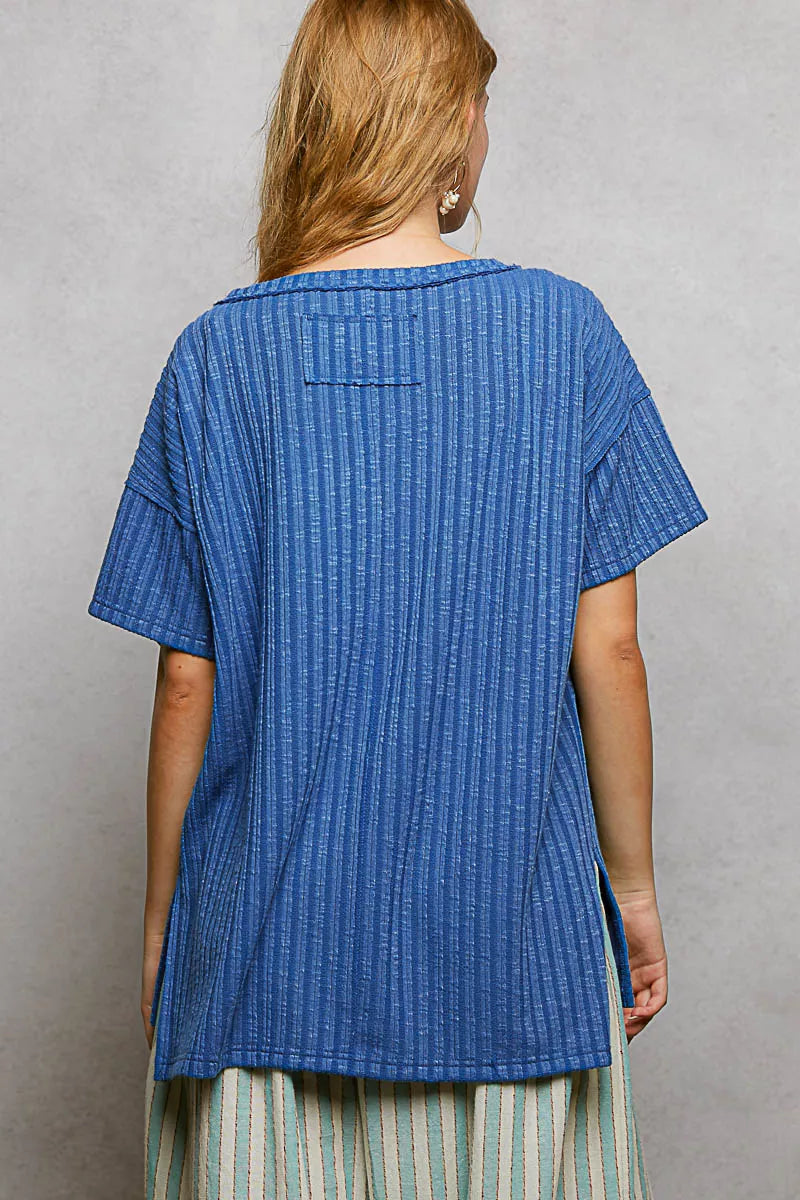 POL Ribbed Knit V-Neck Short Sleeve T-Shirt with Side Slit
