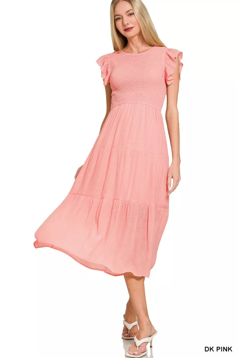 Zenana Woven Smocked Ruffle Sleeve Midi Dress