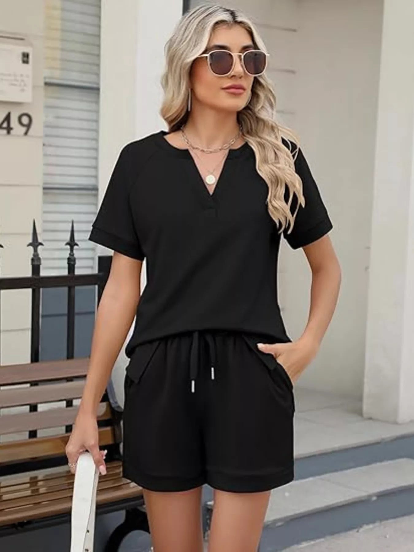 Solid Color Short Sleeve Top and Shorts Two-Piece Set