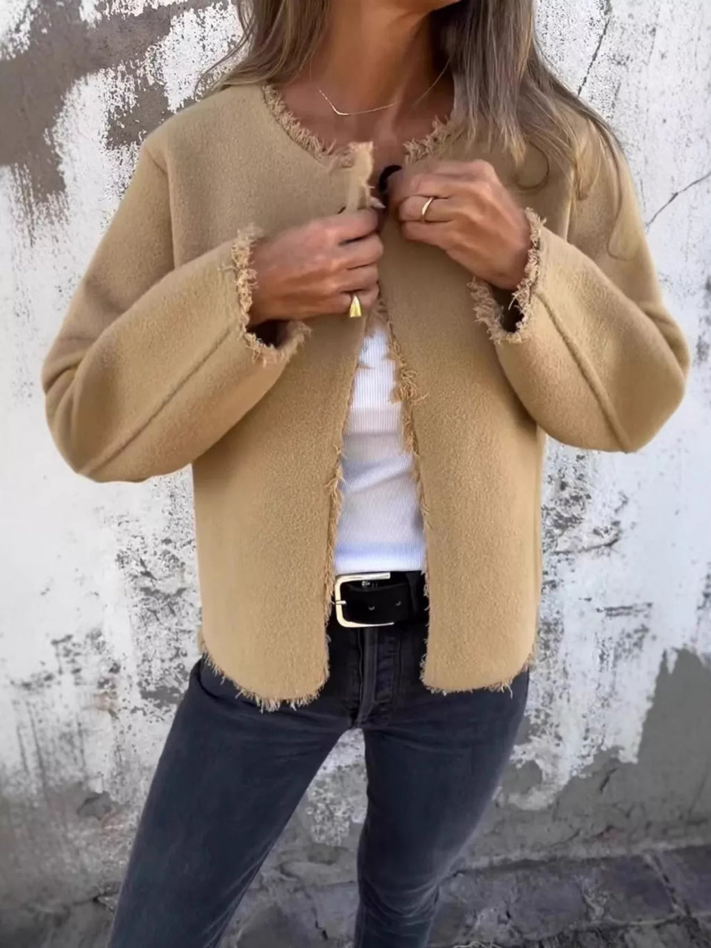 Full Size One Button Frayed Edge Cardigan Plus Size
