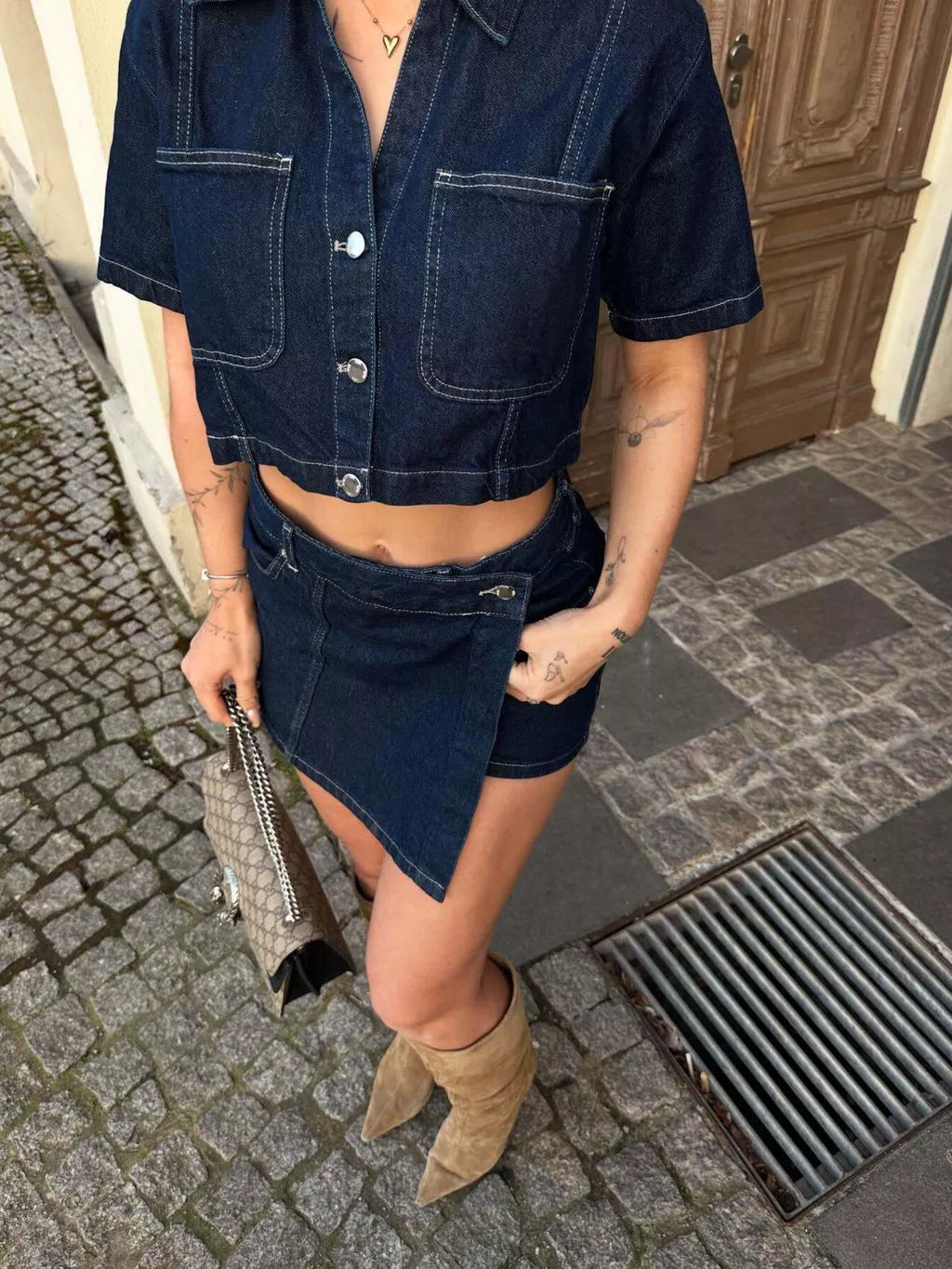Button Up Short Sleeve Top and Skort Denim Set