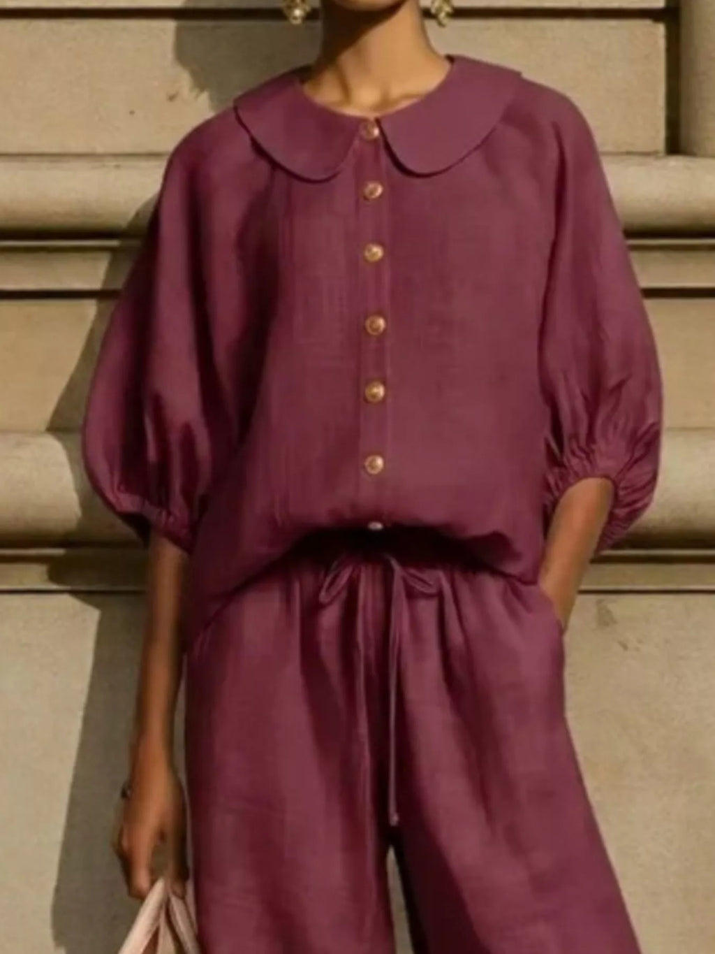 Full Size Button Down Half Sleeve Top and Pants Set Plus Size
