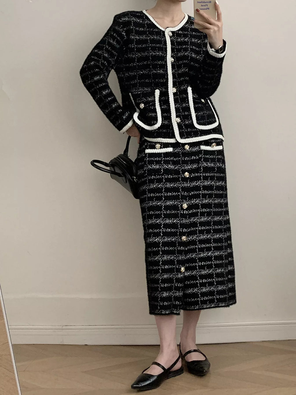 Tweed Contrast Trim Jacket and Skirt Set