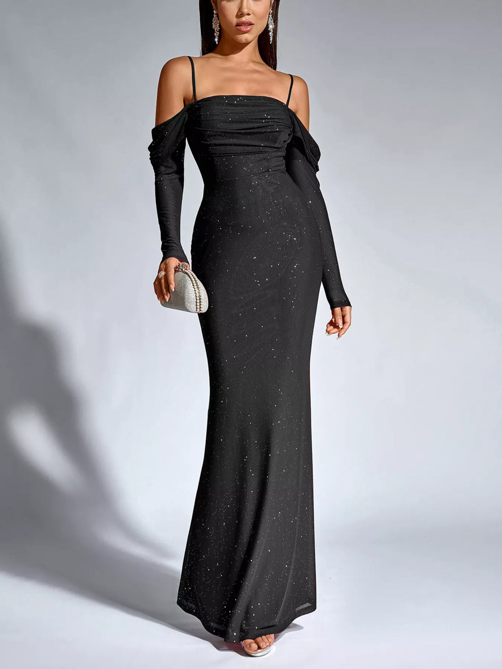 Glitter Ruched Long Sleeve Mermaid Maxi Dress