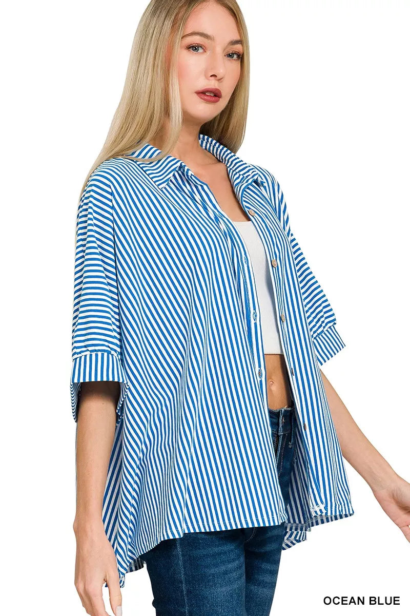 Zenana Oversized Stripe Button Down Shirt