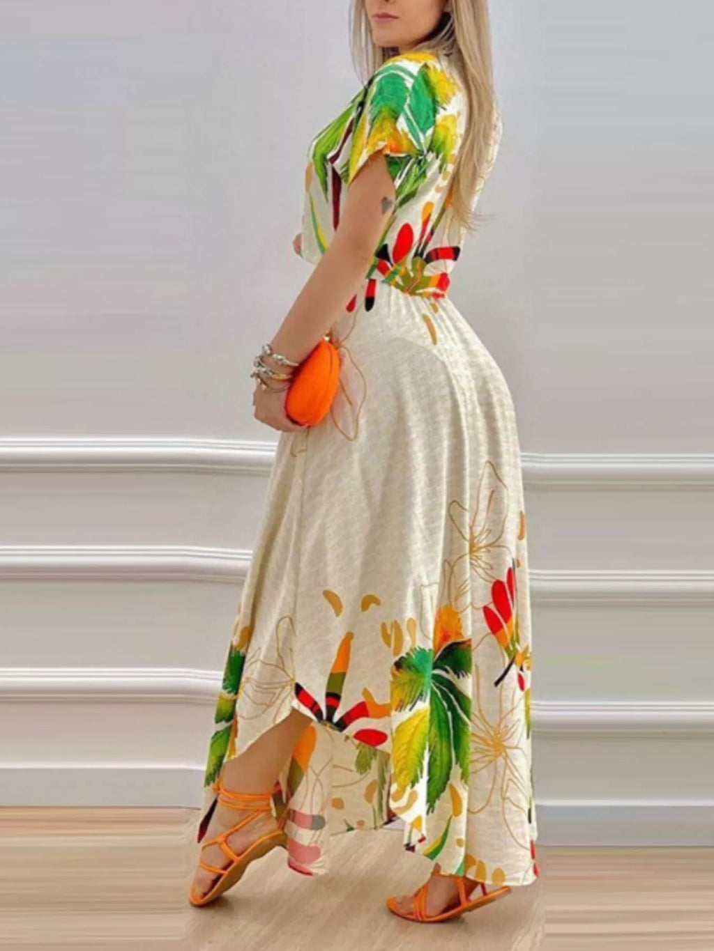 Tropical Print Button-Up Crop Top and Maxi Skirt Set、
