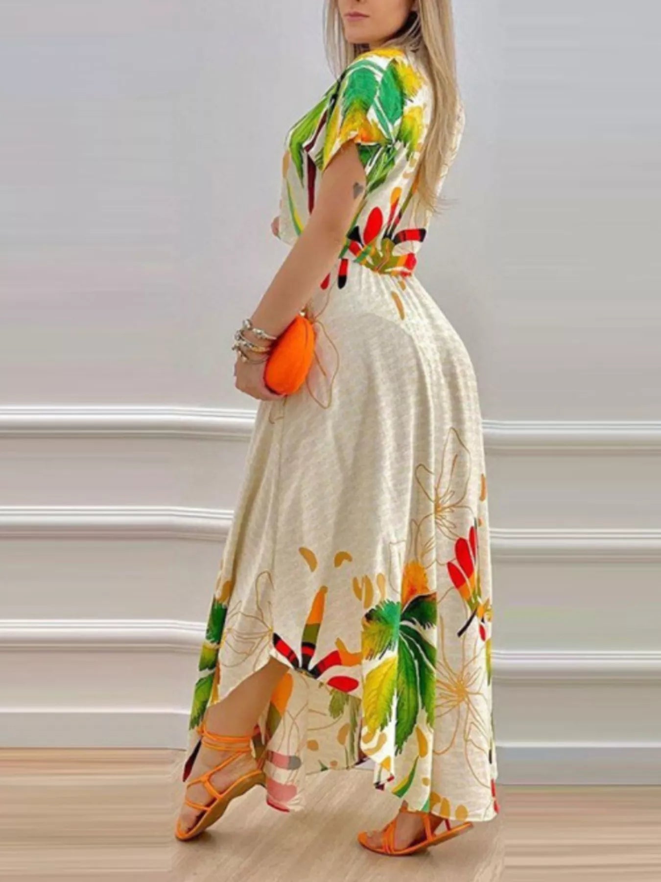 Tropical Print Button-Up Crop Top and Maxi Skirt Set、