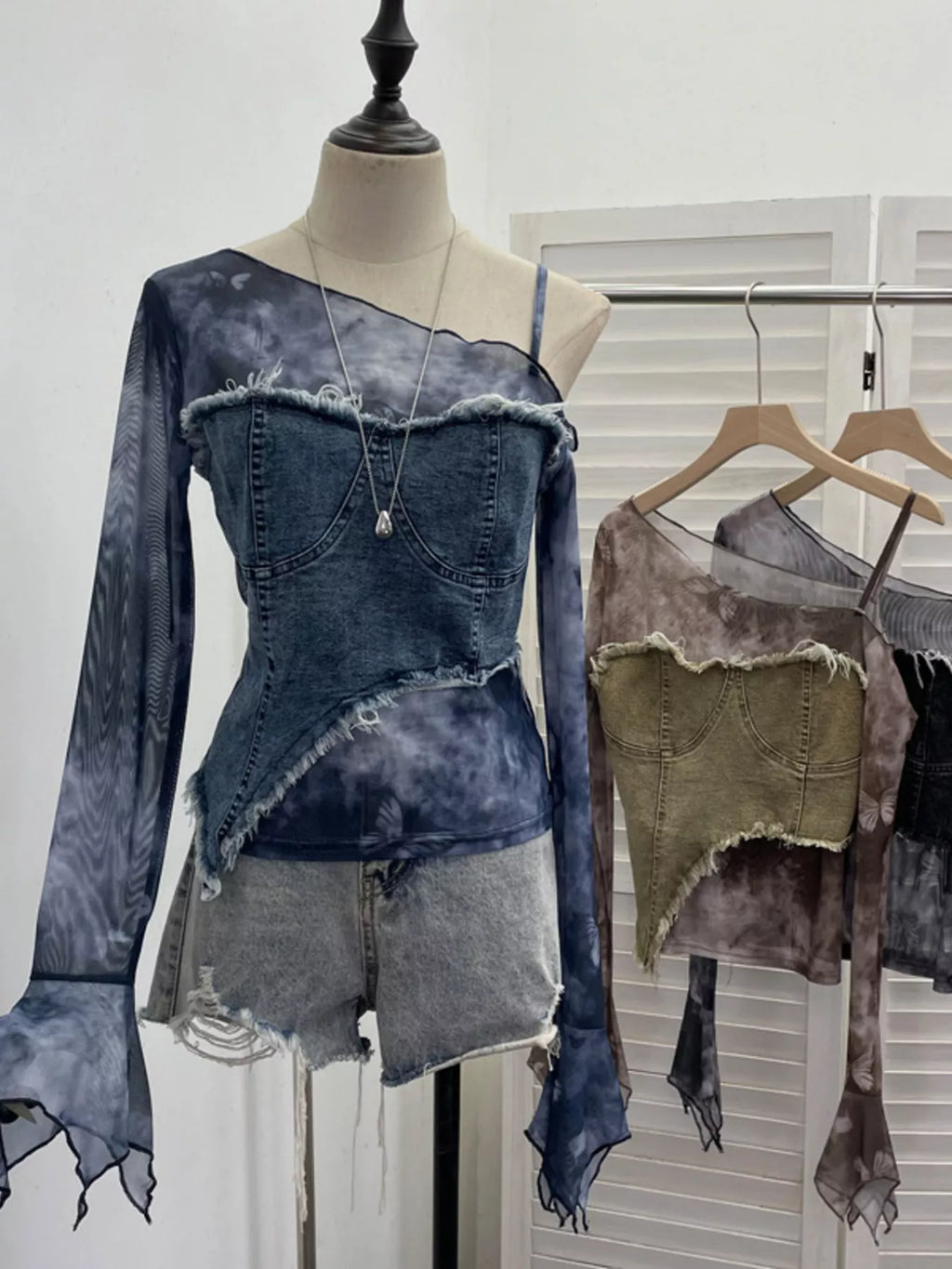 Asymmetrical Neck Denim Patchwork Top