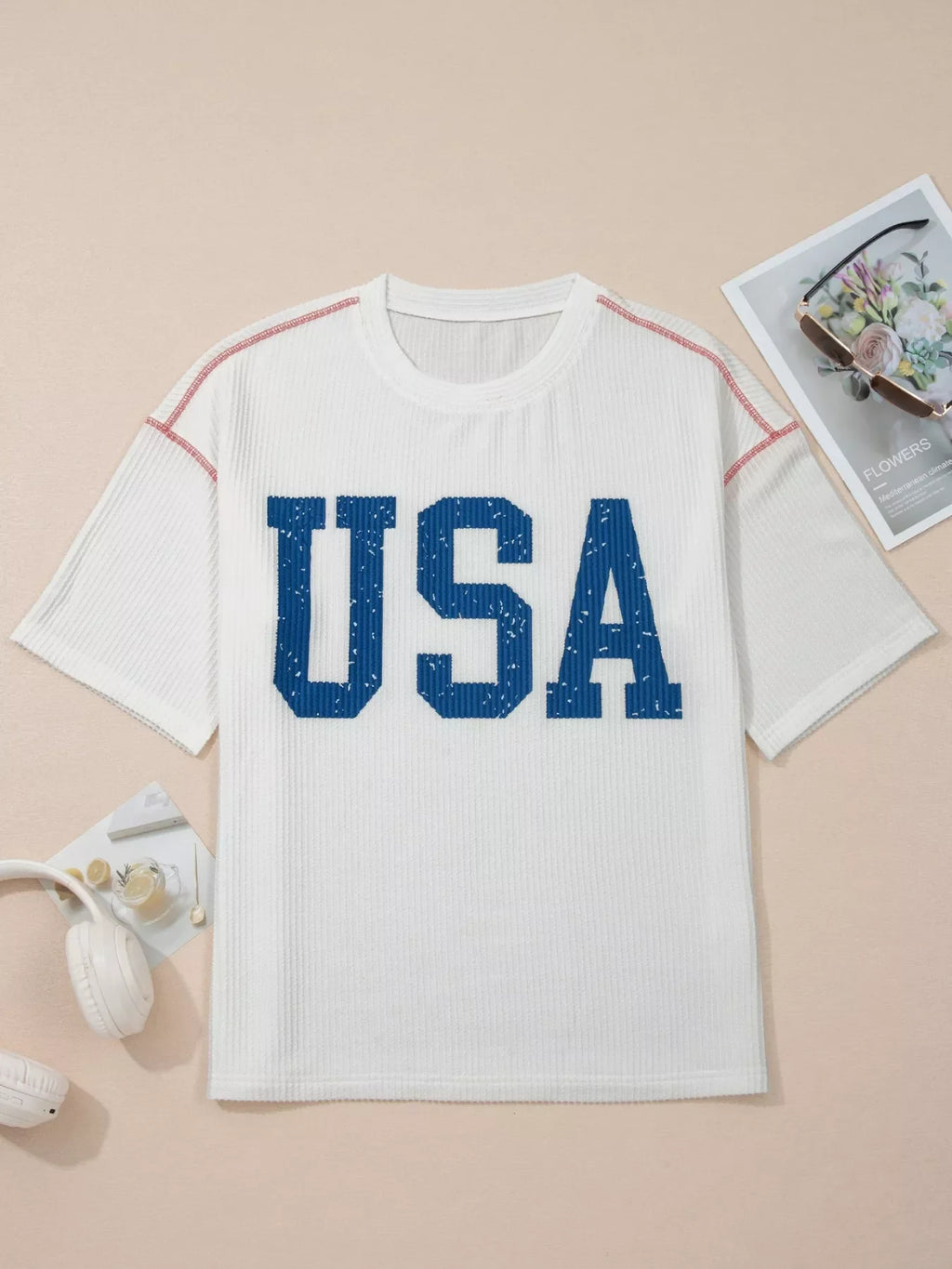 USA Graphic Half Sleeve Loose Ribbed Top