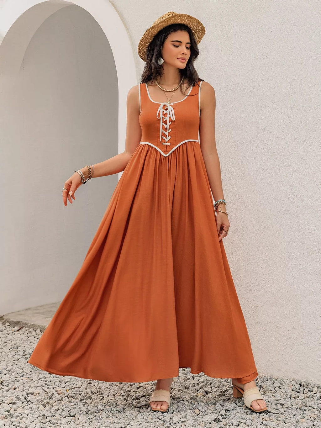 Contrast Trim Lace-Up Maxi Tank Dress