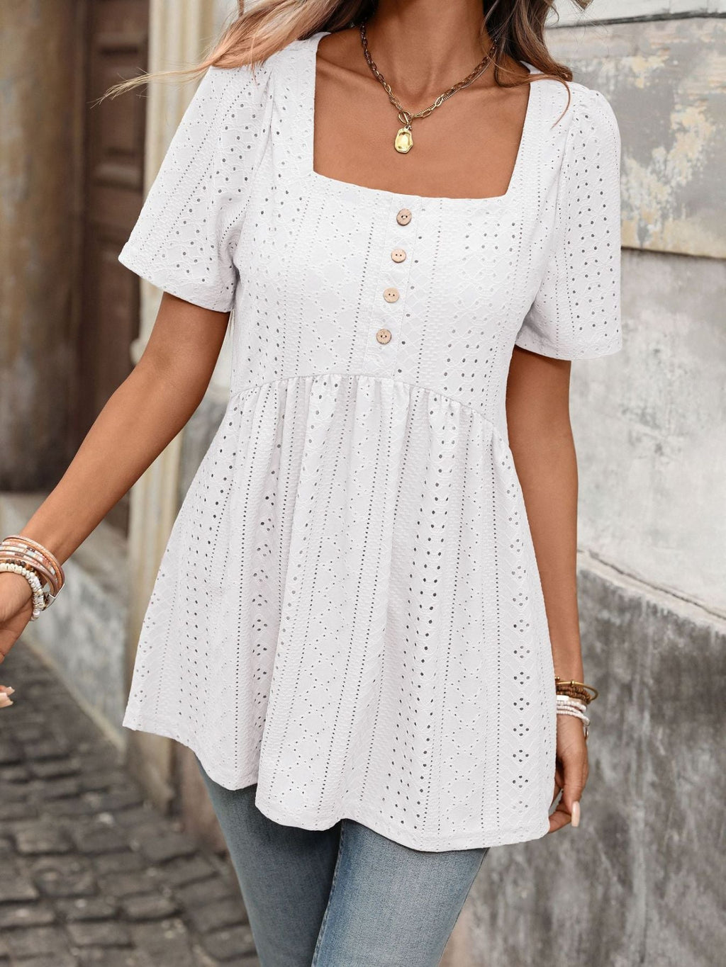 Eyelet Square Neck Short Sleeve Top