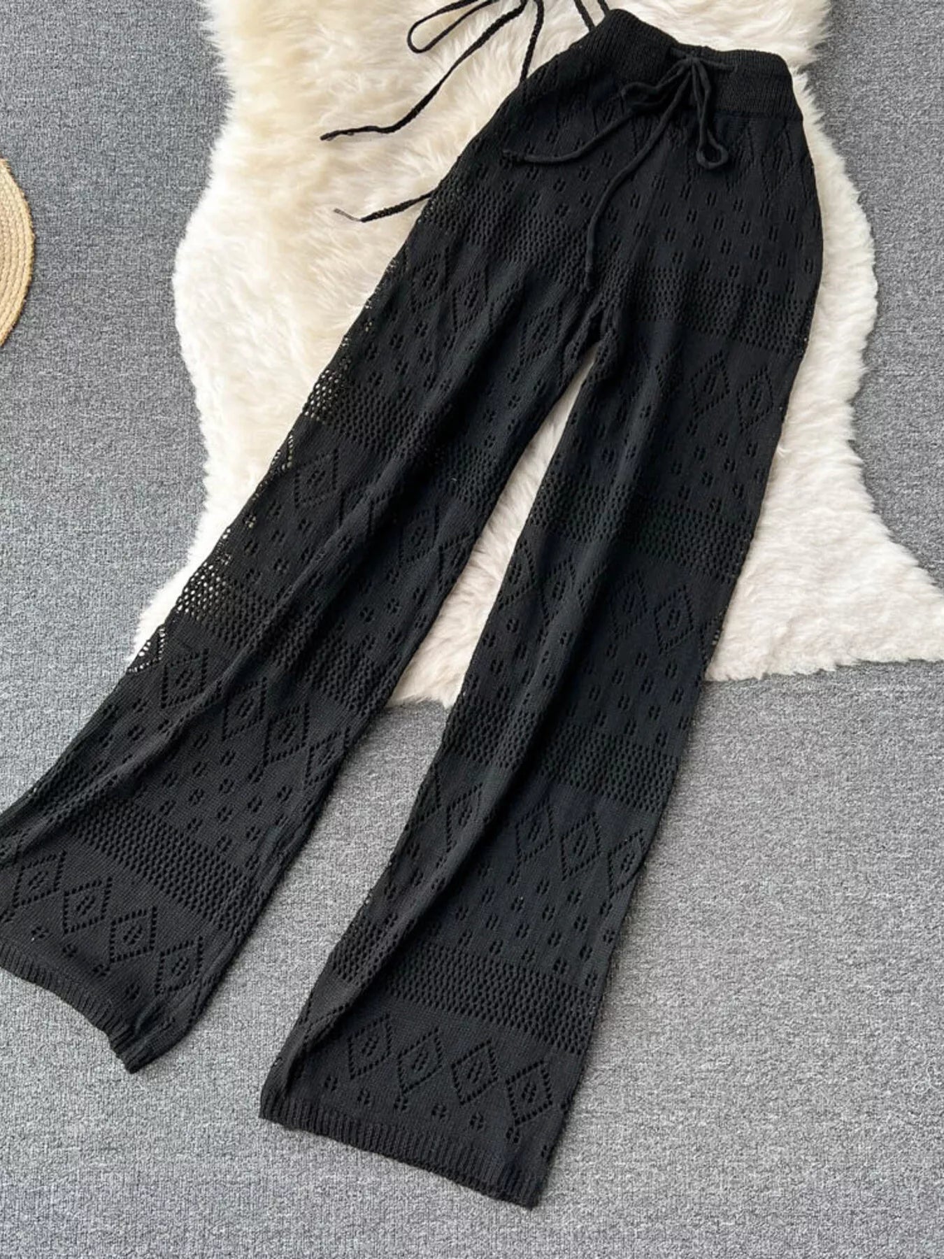 Crochet Knit Halter Neck Top and Wide Leg Pants Set